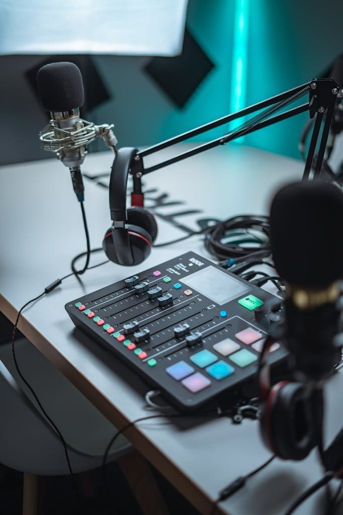 Close-up of a podcast recording setup with a mixing console and microphones in a studio environment.